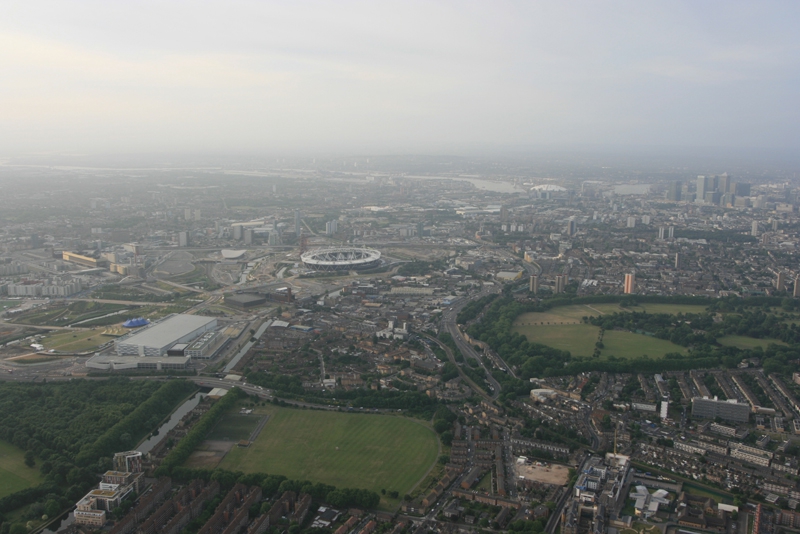 Larger aerial view of the Olympic site and other well known landmarks such as the O2 Dome,&nbsp;Hackney&nbsp;Park, River Thames and&nbsp;Stratford